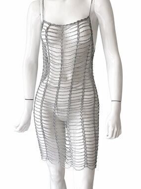 Vintage Sheer Beaded Slip Dress Silver Crochet Net Festival Layering S M
Silver